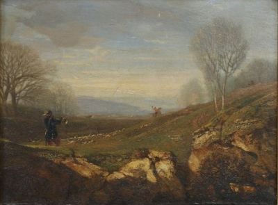 painting of a man with a horse and a dog in a landscape
