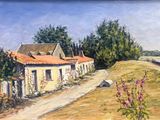 painting of a country road with a house in the distance and flowers in the foreground