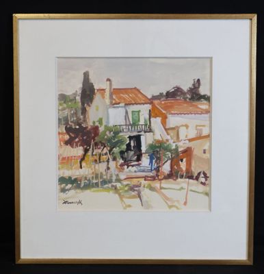 framed watercolor painting of a street scene with a horse drawn carriage
