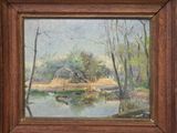 an oil painting of a river with trees and a house in the background