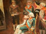 a painting of a man sitting in a chair in front of a group of people