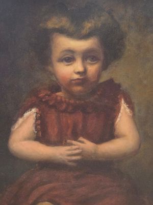 painting of a little girl in a red dress holding a teddy bear