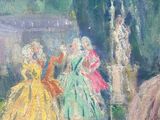 a painting of a group of women in dresses by a fountain