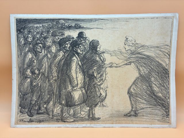 STEINLEN : Les réfugiés de la Meuse. Lithographie en noir sur fon...