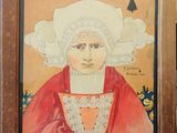 un vieux tableau représentant une femme en robe rouge coiffée d'un bonnet blanc