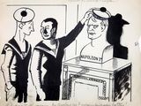 drawing of a man putting a hat on another man ' s head