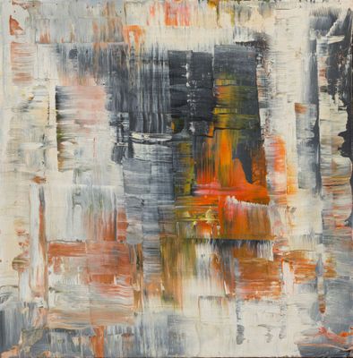 une peinture abstraite représentant une chaise rouge dans une pièce aux murs blancs