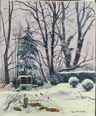 painting of a snowy scene with a bench and trees in the background
