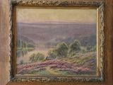 an oil painting of a landscape with hills and trees in the distance