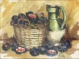 un tableau représentant une cruche verte et un panier de fleurs