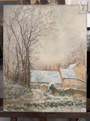 un tableau représentant une maison sous la neige, posé sur un chevalet