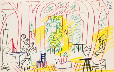 un dessin représentant un groupe de personnes assises à une table