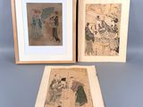 three framed prints of asian women and men with umbrellas
