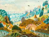 un tableau représentant un paysage avec une rivière et un pont