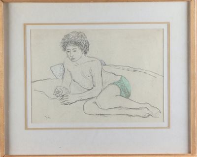 dessin représentant une femme en maillot de bain assise sur un lit