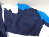 a blue and black wet suit on a white surface