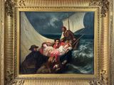 an image of a painting of people in a boat on a body of water