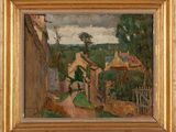 une image représentant un tableau d'un village où l'on voit une femme marcher dans la rue