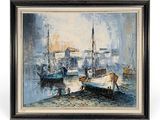 painting of a harbor scene with boats and people in the water
