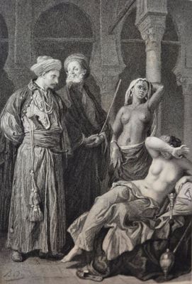 an old drawing of a woman being taken from a man ' s bed