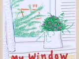 drawing of a drawing of a window with a vase of flowers