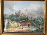 une image d'un tableau représentant un château sur une colline