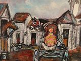 a painting of a horse pulling a carriage with a baby in it