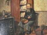 painting of a man sitting in a chair with a cat in front of him