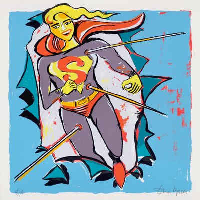 une image représentant un tableau d'une femme vêtue d'un costume de Superman