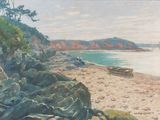 a painting of a beach with rocks and a boat in the water
