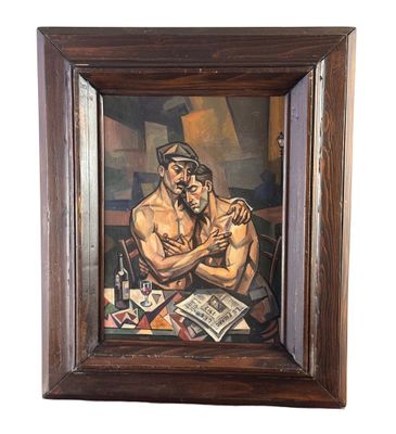 tableau représentant un homme et une femme assis à une table avec une bouteille de bière