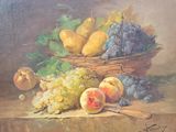 a painting of a basket of fruit on a table