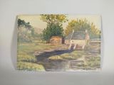 une image représentant une peinture d'une maison et d'un ruisseau dans un champ