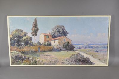 une image d'une peinture représentant une maison sur une colline