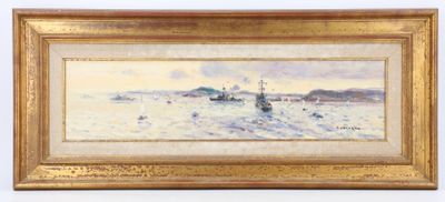 une peinture à l'huile représentant un bateau dans un plan d'eau
