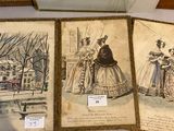 many pictures of women in dresses on display in a glass case