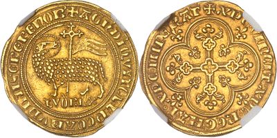 a gold coin with an image of a sheep on it
