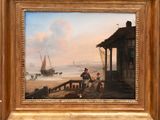 a picture of a painting of a man and a woman on the beach