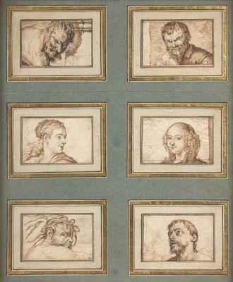 four studies of a man ' s head, a woman ' s head, a lion, a woman ' s head, and a man ' s head