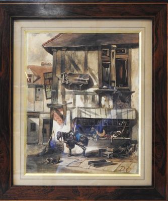 painting of a woman washing clothes on a clothes line in front of a house