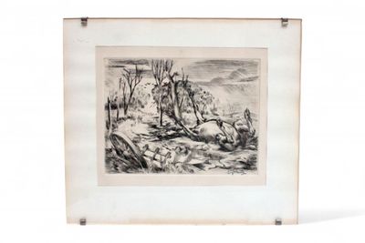 un vieux dessin représentant un paysage de montagne avec des arbres et des rochers au premier plan
