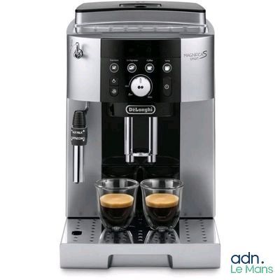 delong coffee machine with two cups of coffee in front of it