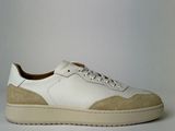 white leather sneakers with tan soles on a white background