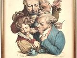 painting of a group of people sitting around a table eating food