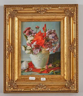 une peinture de fleurs dans un vase sur une table