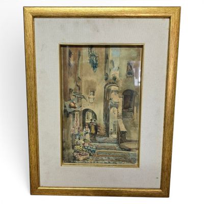 framed picture of a painting of a woman and a child in a courtyard