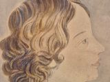 painting of a woman with curly hair and a pink dress