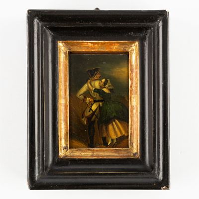 un vieux tableau représentant un homme et une femme vêtue d'une robe verte