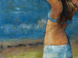 un tableau représentant une femme en jupe bleue sur la plage
