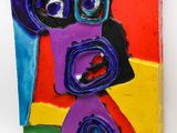 painting of a multicolored abstract figure on a white background